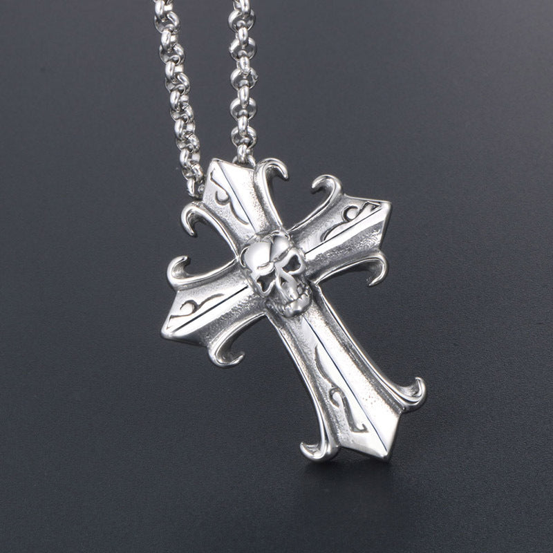 Gothic Retro Cross & Spectral Skull Men's Titanium Steel Pendant Necklace - Edgy Hipster Punk Jewelry for Resale