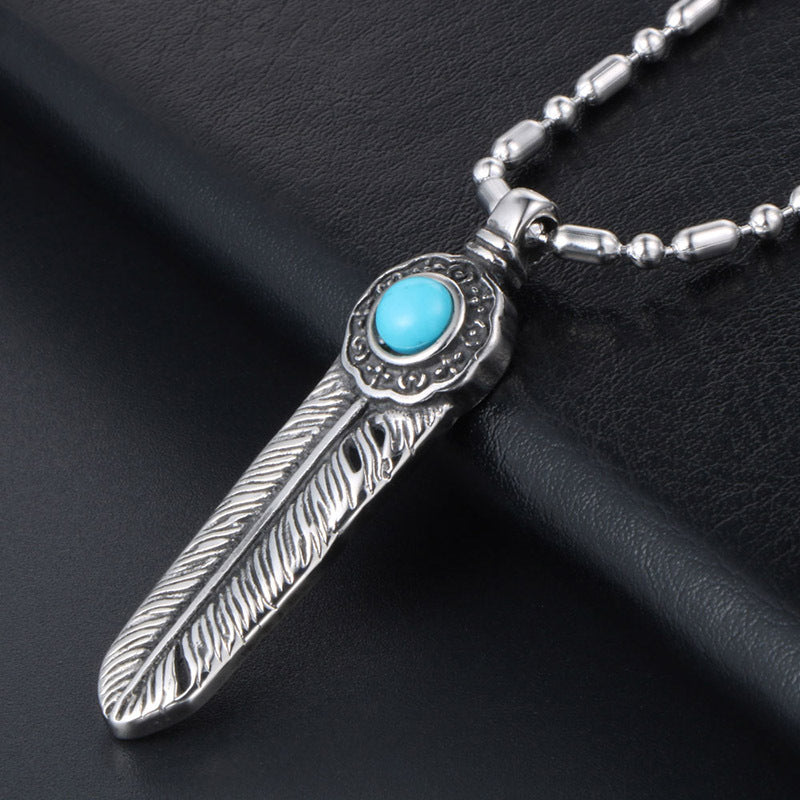 Vintage Gothic Titanium Steel Cross Feather Pendant Necklace for Men