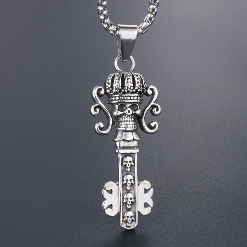 Titanium Steel Retro Castle Key Pendant Necklace for Men with Ghost Head Crown Design