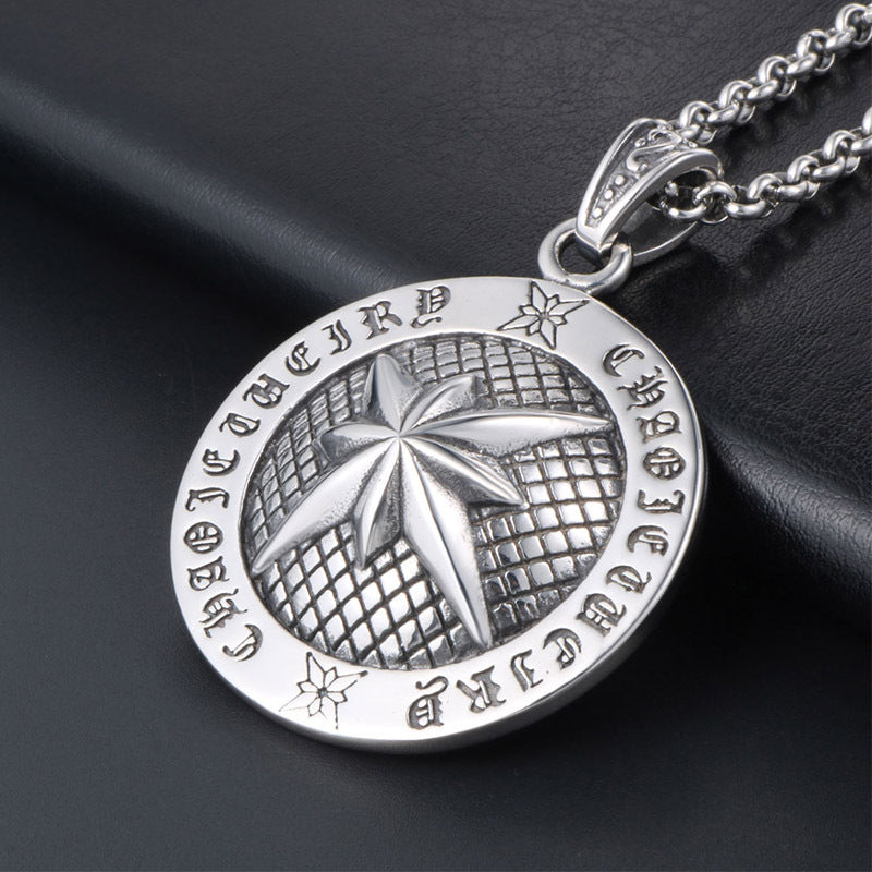 Vintage Hip-Hop Octagram Mantra Pendant Necklace for Men in Titanium Steel