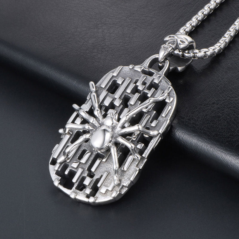 Gothic Skull and Spider Shield Pendant Necklace for Men - Stylish Titanium Steel Statement Accessory