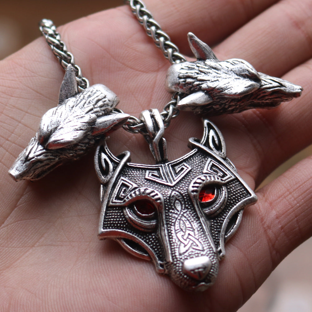 Viking Odin Wolf Head Necklace with Three Wolf Red Eye Alloy Pendant - Nordic Jewelry for Men