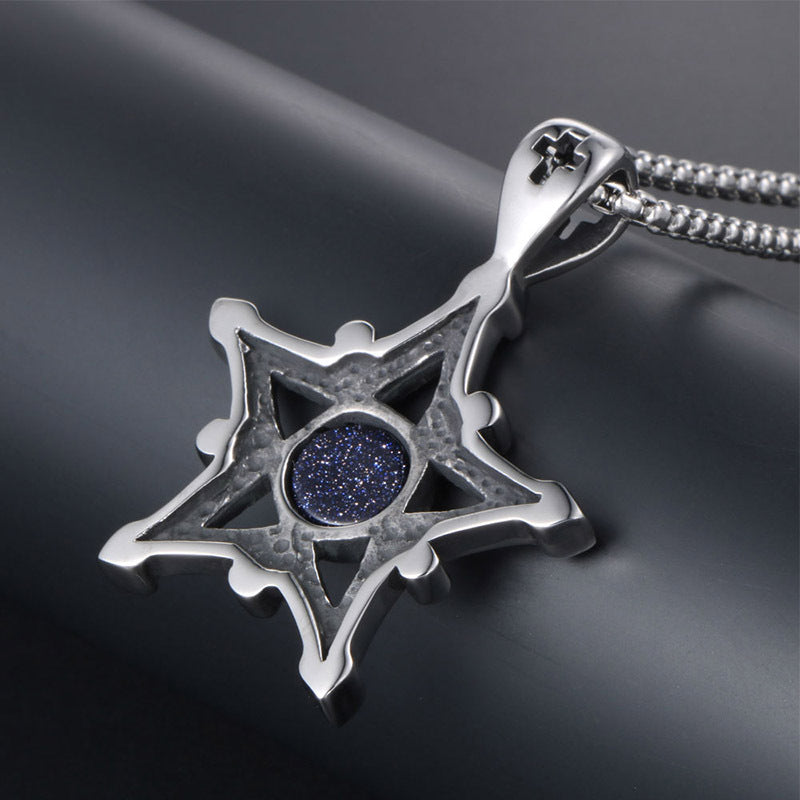 Retro Mystique Blue Sandstone Pentagram Pendant Necklace for Men