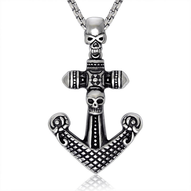 Bold Skull Anchor Pendant Necklace, Retro Titanium Steel Jewelry for Men