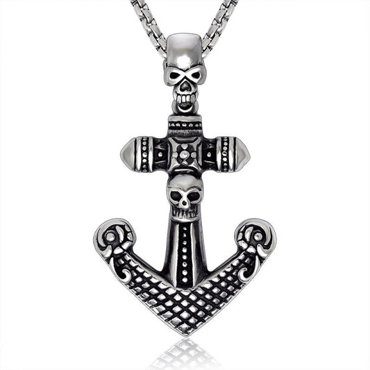 Bold Skull Anchor Pendant Necklace, Retro Titanium Steel Jewelry for Men