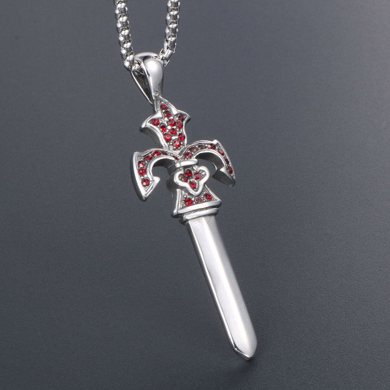 Zircon-Embellished Shangfang Sword Pendant Necklace for Men, Trendy Titanium Steel Jewelry