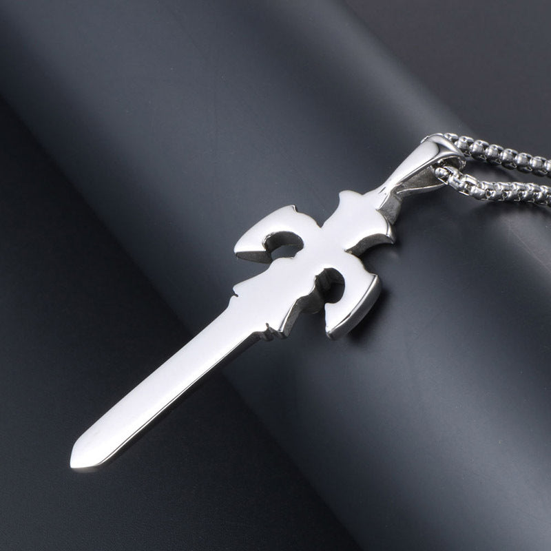 Zircon-Embellished Shangfang Sword Pendant Necklace for Men, Trendy Titanium Steel Jewelry