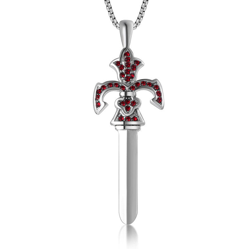 Zircon-Embellished Shangfang Sword Pendant Necklace for Men, Trendy Titanium Steel Jewelry