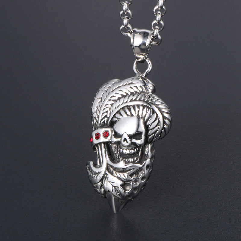 Titanium Steel Skull Leaf Pendant Necklace for Men, Customized Hip Hop Halloween Jewelry