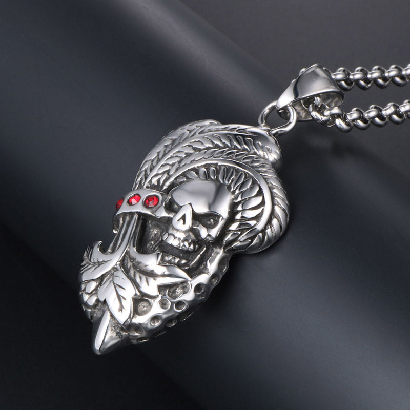 Titanium Steel Skull Leaf Pendant Necklace for Men, Customized Hip Hop Halloween Jewelry