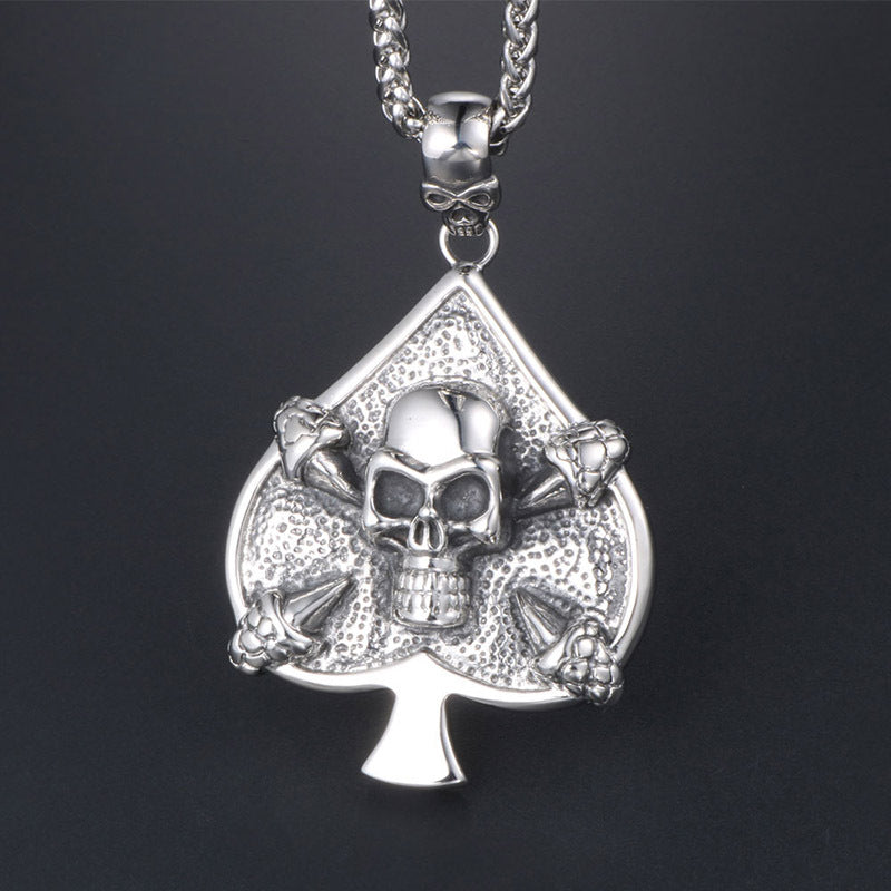 Vintage-Inspired Titanium Steel Skull Heart Spade Pendant Necklace for Men