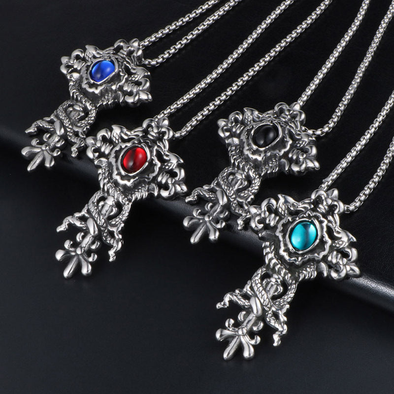 Dragon Embrace Cross Pendant Necklace - Retro Titanium Steel Jewelry for Men in Four Colors