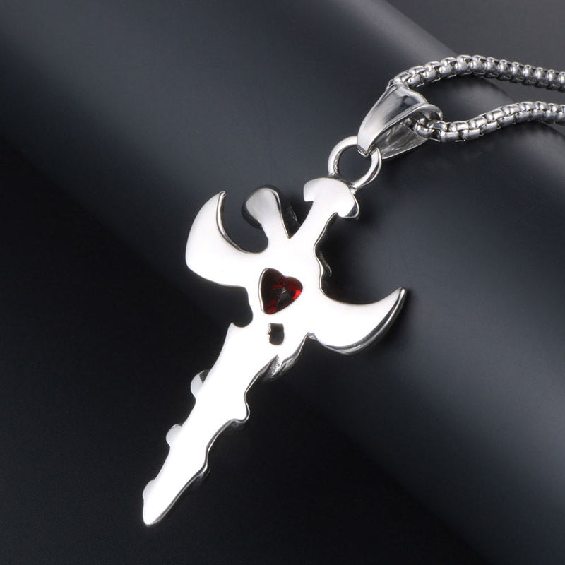 Vintage-Inspired Angel's Sword Pendant Necklace for Men with Red Zircon Inlay in Titanium Steel