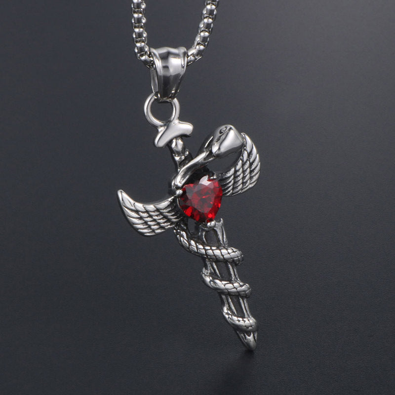 Vintage-Inspired Angel's Sword Pendant Necklace for Men with Red Zircon Inlay in Titanium Steel