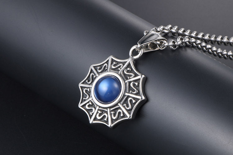 Retro Blue Opal Inlay Titanium Steel Round Pendant for Men - Guofeng Vintage Style