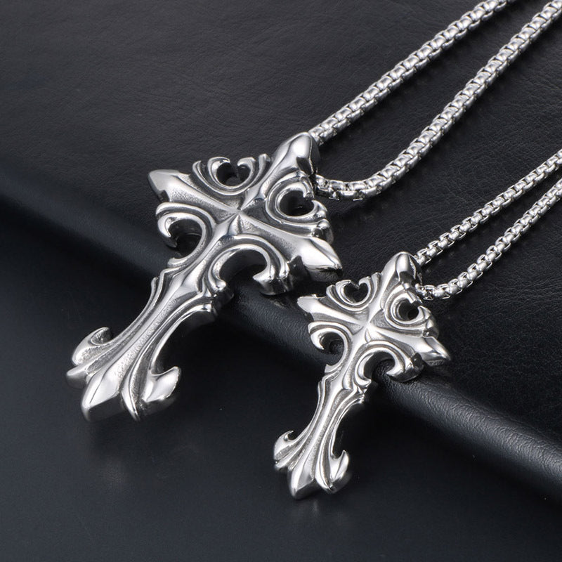 Personalized Gothic Cross Flower Pendant Necklace in Titanium Steel for Couples