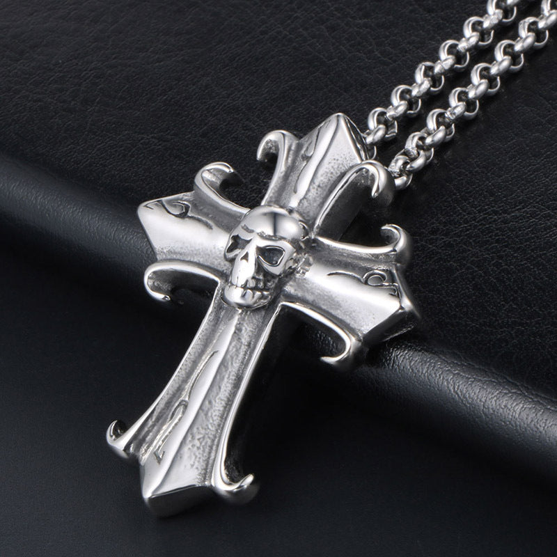 Gothic Retro Cross & Spectral Skull Men's Titanium Steel Pendant Necklace - Edgy Hipster Punk Jewelry for Resale