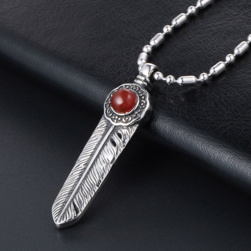 Vintage Gothic Titanium Steel Cross Feather Pendant Necklace for Men