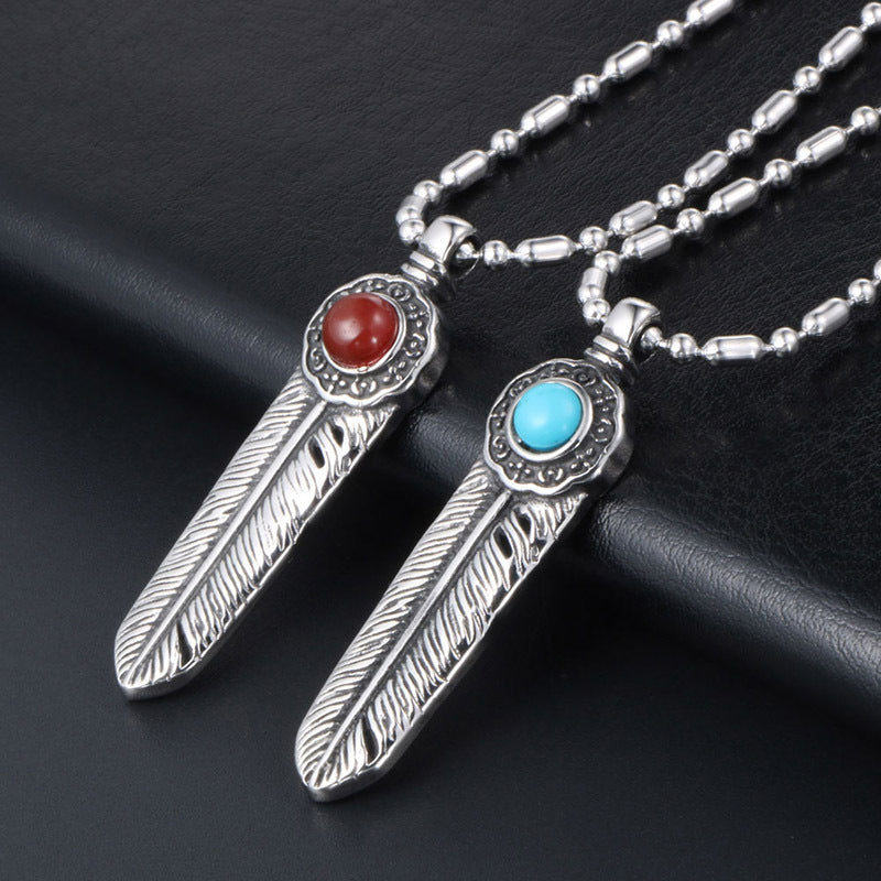 Vintage Gothic Titanium Steel Cross Feather Pendant Necklace for Men