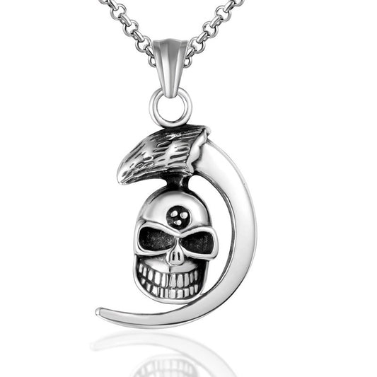 Edgy Titanium Steel Men's Moon Skull Pendant Necklace - Stand Out Fashion Statement