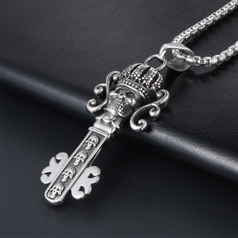 Titanium Steel Retro Castle Key Pendant Necklace for Men with Ghost Head Crown Design