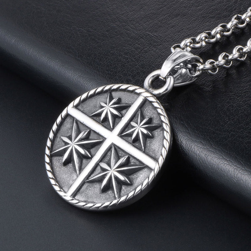 Titanium Steel Geometric Cross Flower Pendant Necklace for Stylish Men