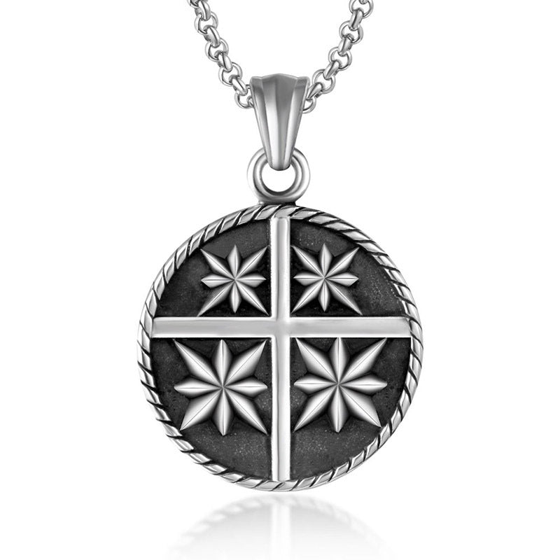 Titanium Steel Geometric Cross Flower Pendant Necklace for Stylish Men