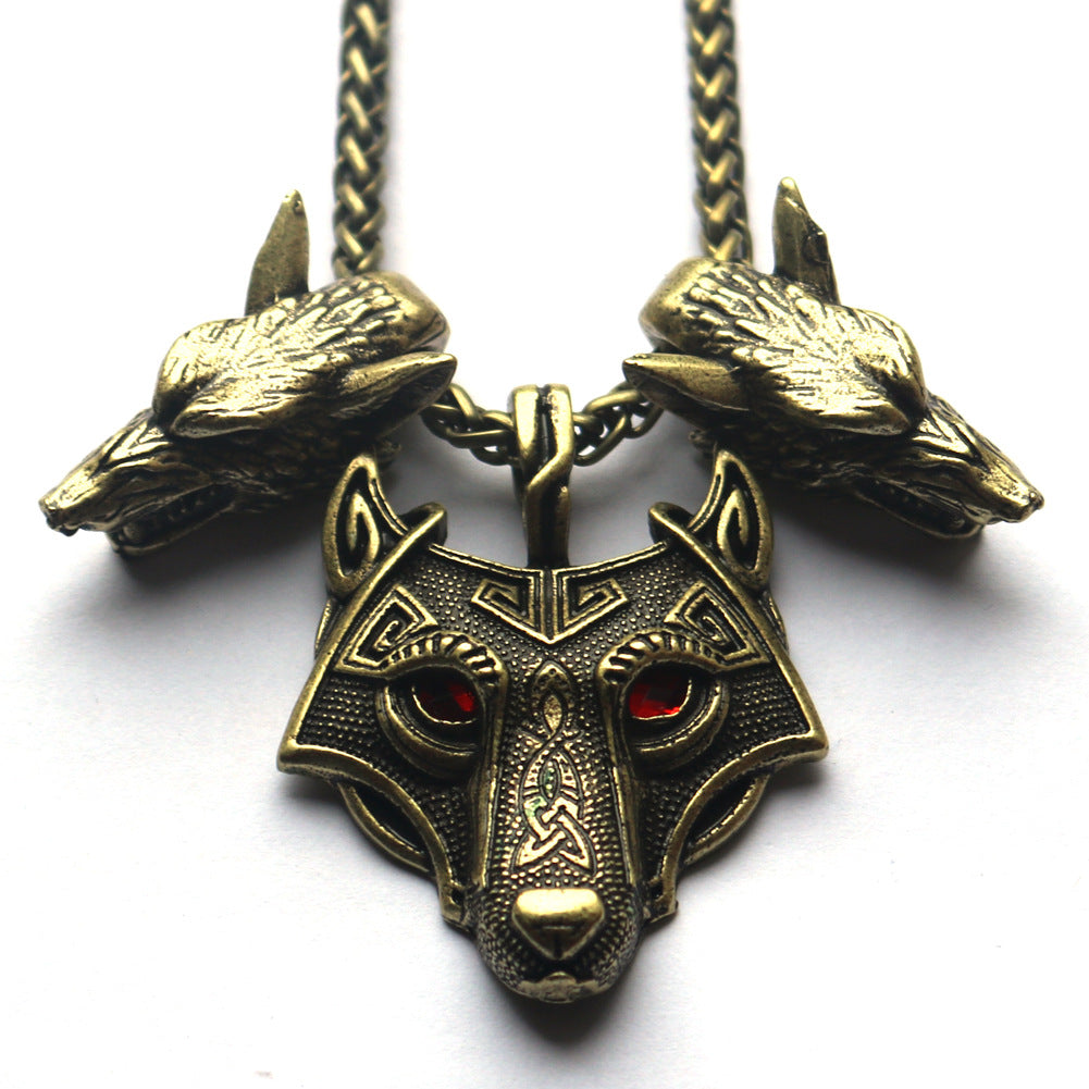 Viking Odin Wolf Head Necklace with Three Wolf Red Eye Alloy Pendant - Nordic Jewelry for Men