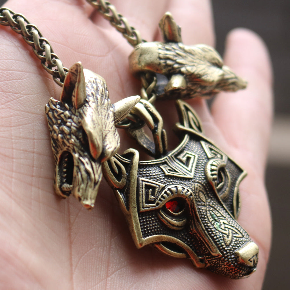 Viking Odin Wolf Head Necklace with Three Wolf Red Eye Alloy Pendant - Nordic Jewelry for Men