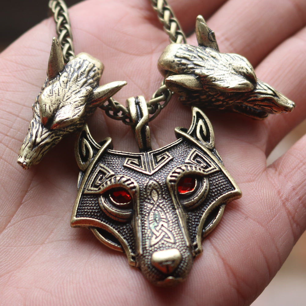 Viking Odin Wolf Head Necklace with Three Wolf Red Eye Alloy Pendant - Nordic Jewelry for Men