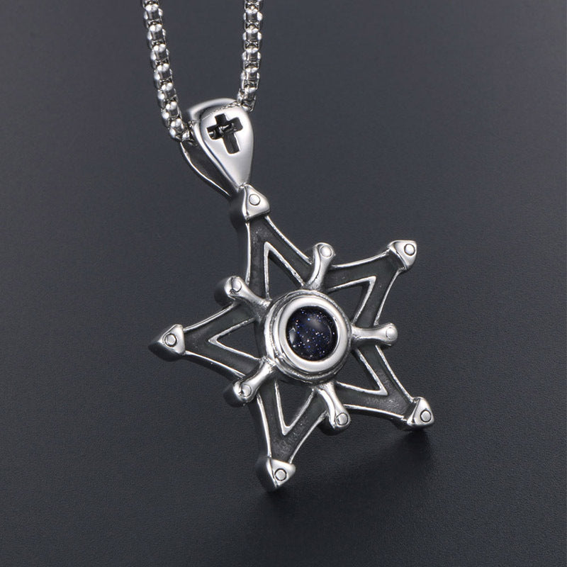 Retro Mystique Blue Sandstone Pentagram Pendant Necklace for Men