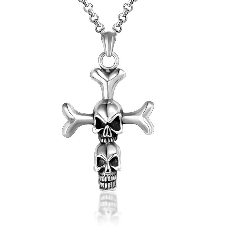 Customizable Punk Double Skull Cross Pendant Necklace in Titanium Steel for Men