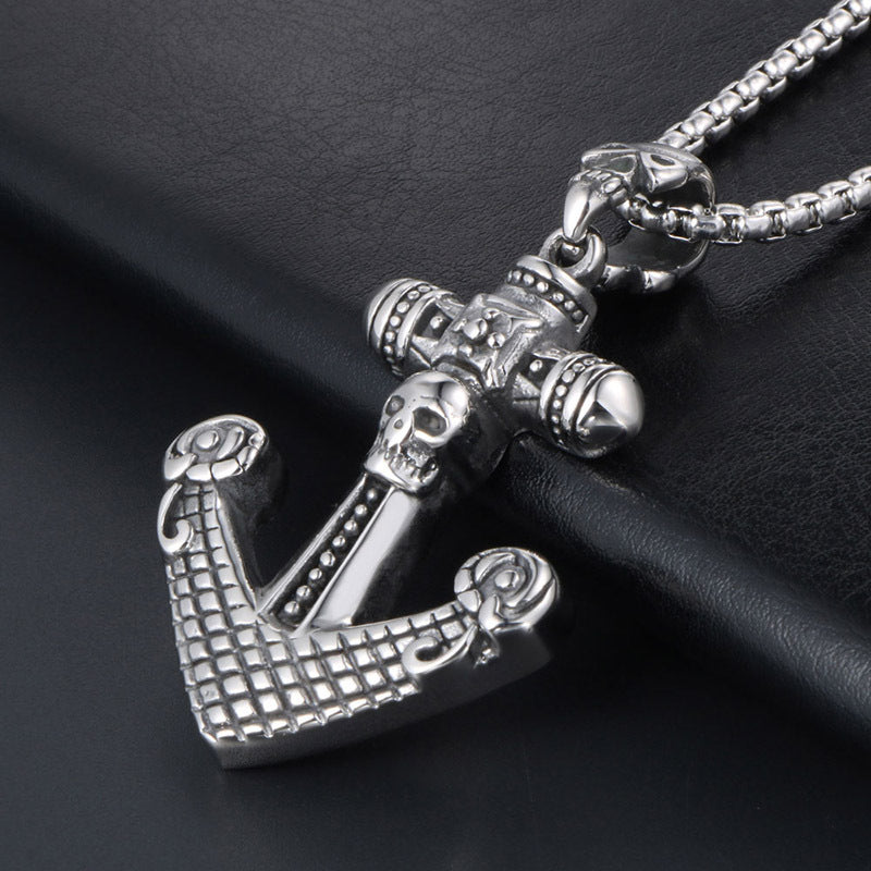 Bold Skull Anchor Pendant Necklace, Retro Titanium Steel Jewelry for Men