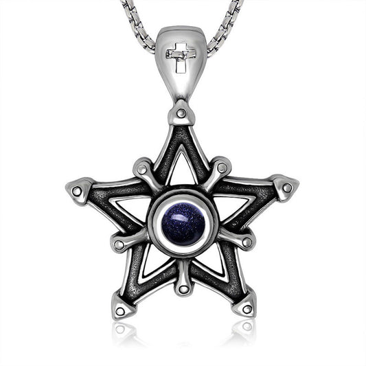 Retro Mystique Blue Sandstone Pentagram Pendant Necklace for Men