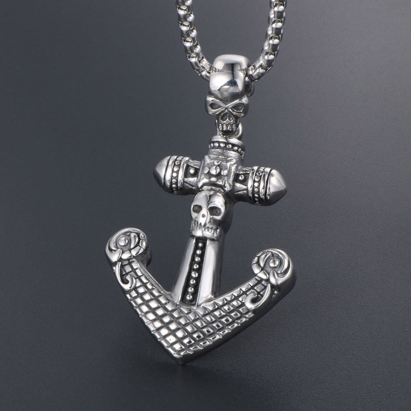 Bold Skull Anchor Pendant Necklace, Retro Titanium Steel Jewelry for Men