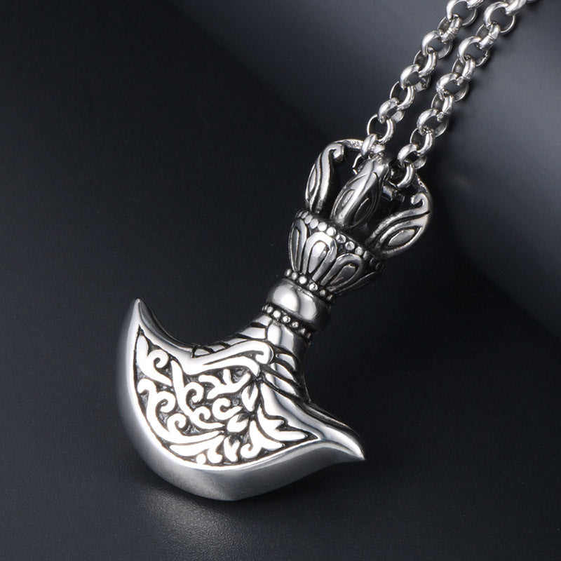 Titanium Steel Crescent Axe Pendant Necklace with Unique Flower Pull Pattern for Men - Wholesale Availability