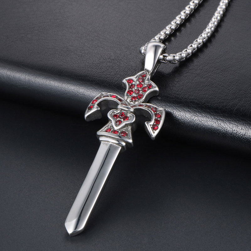 Zircon-Embellished Shangfang Sword Pendant Necklace for Men, Trendy Titanium Steel Jewelry