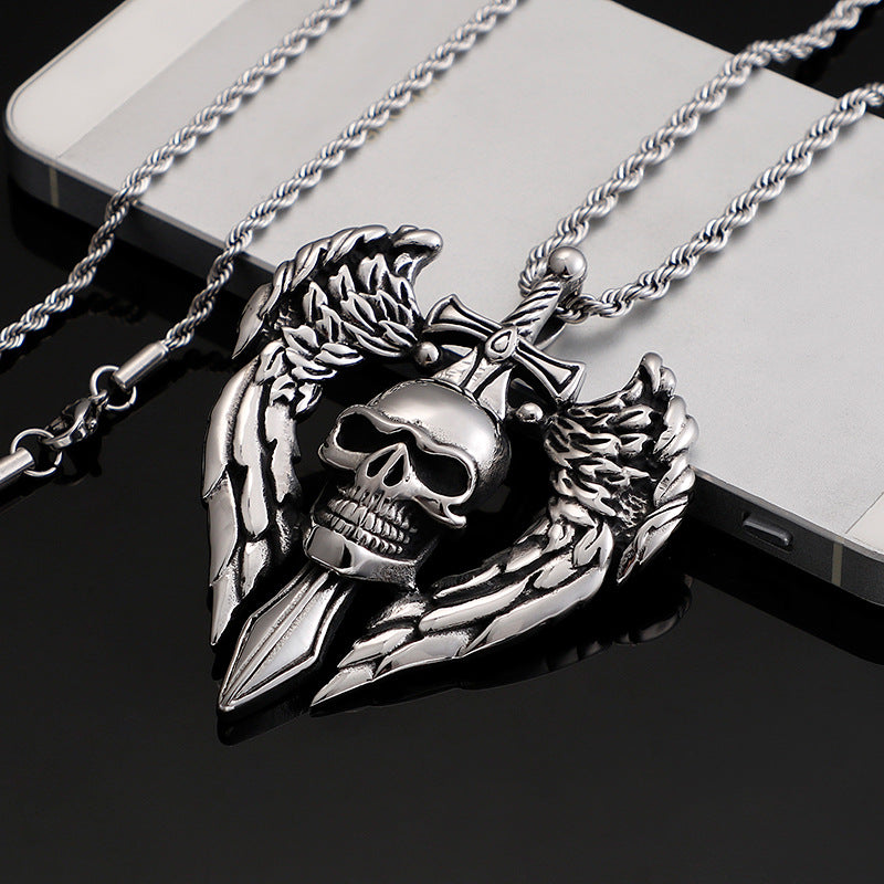 Men's Titanium Steel Skull Sword Wing Pendant - Punk Retro Domineering Personality Jewelry