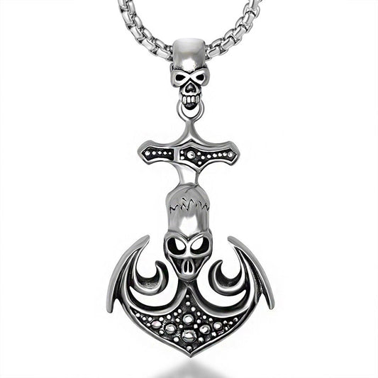 Rebel Men's Punk Skull Pendant Necklace with Boat Anchor Design in Titanium Steel