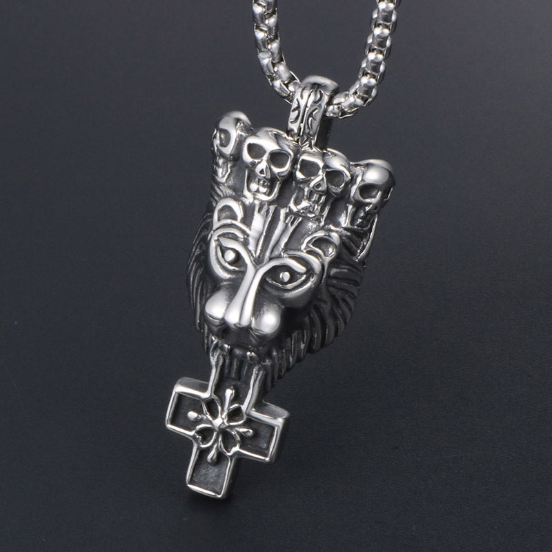 Men's Bold Titanium Steel Skull Crown Lion Head Pendant Necklace with Cross and Floral Design