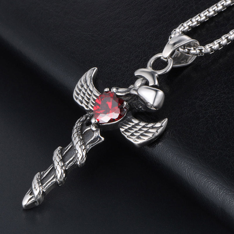 Vintage-Inspired Angel's Sword Pendant Necklace for Men with Red Zircon Inlay in Titanium Steel