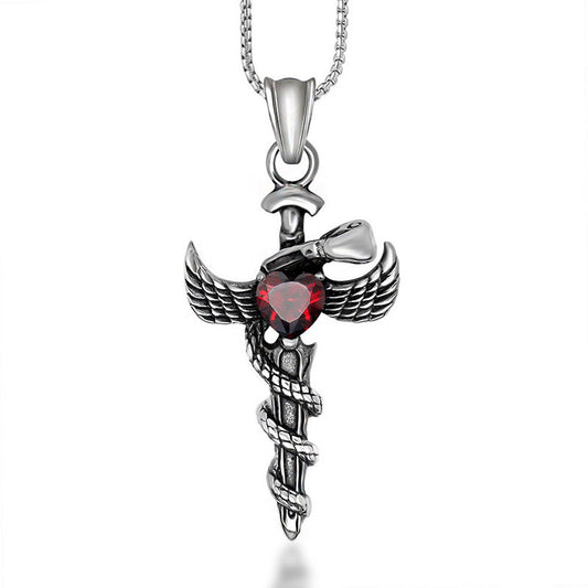 Vintage-Inspired Angel's Sword Pendant Necklace for Men with Red Zircon Inlay in Titanium Steel