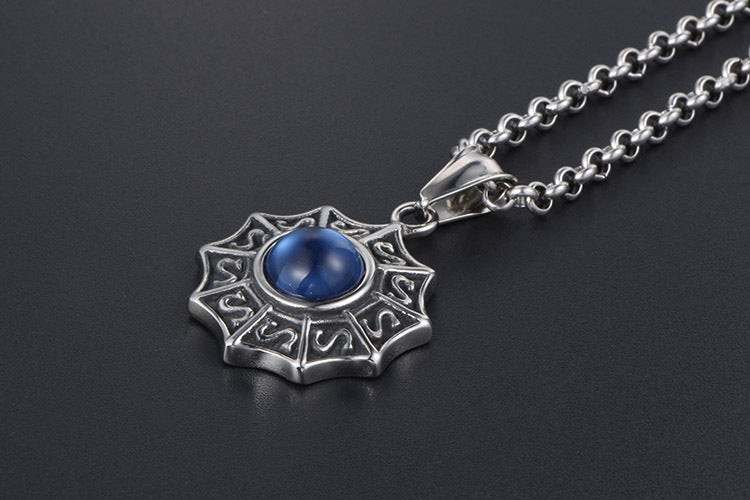 Retro Blue Opal Inlay Titanium Steel Round Pendant for Men - Guofeng Vintage Style