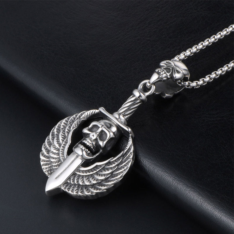 Gothic Skull Pendant Necklace with Feather Wings for Men - Halloween Punk Style