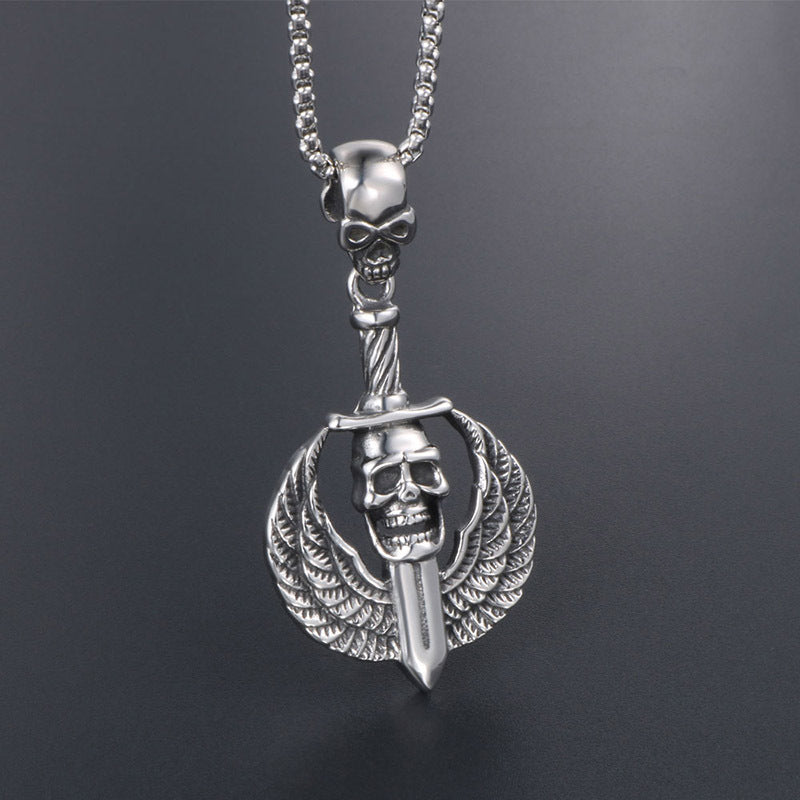 Gothic Skull Pendant Necklace with Feather Wings for Men - Halloween Punk Style