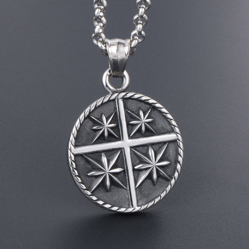 Titanium Steel Geometric Cross Flower Pendant Necklace for Stylish Men