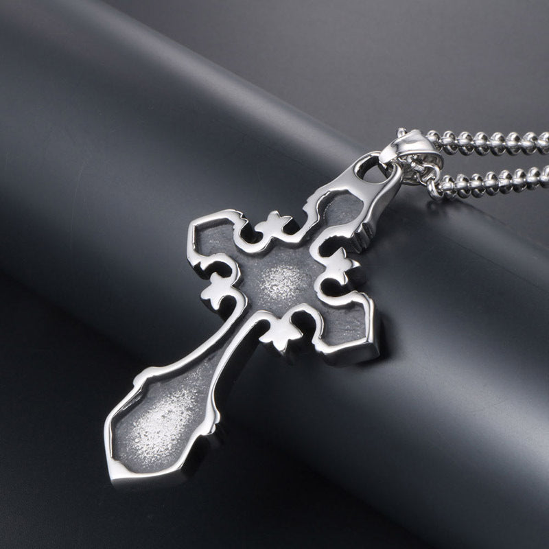 Unisex Elegant Titanium Steel Cross Flower Pendant Necklace for Men and Women