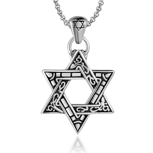 Retro Three-Dimensional Hexagram Titanium Steel Necklace Pendant for Men