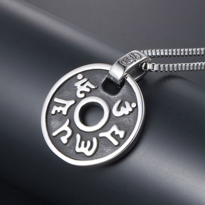 Men's Spiritual Daming Mantra Titanium Steel Round Pendant Necklace