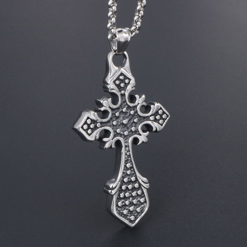 Unisex Elegant Titanium Steel Cross Flower Pendant Necklace for Men and Women